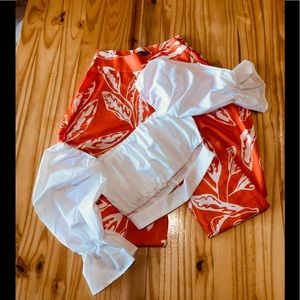 Orange Floral Woman High Waist Asymmetric Hem Pants Boho With White Blouse Sz S